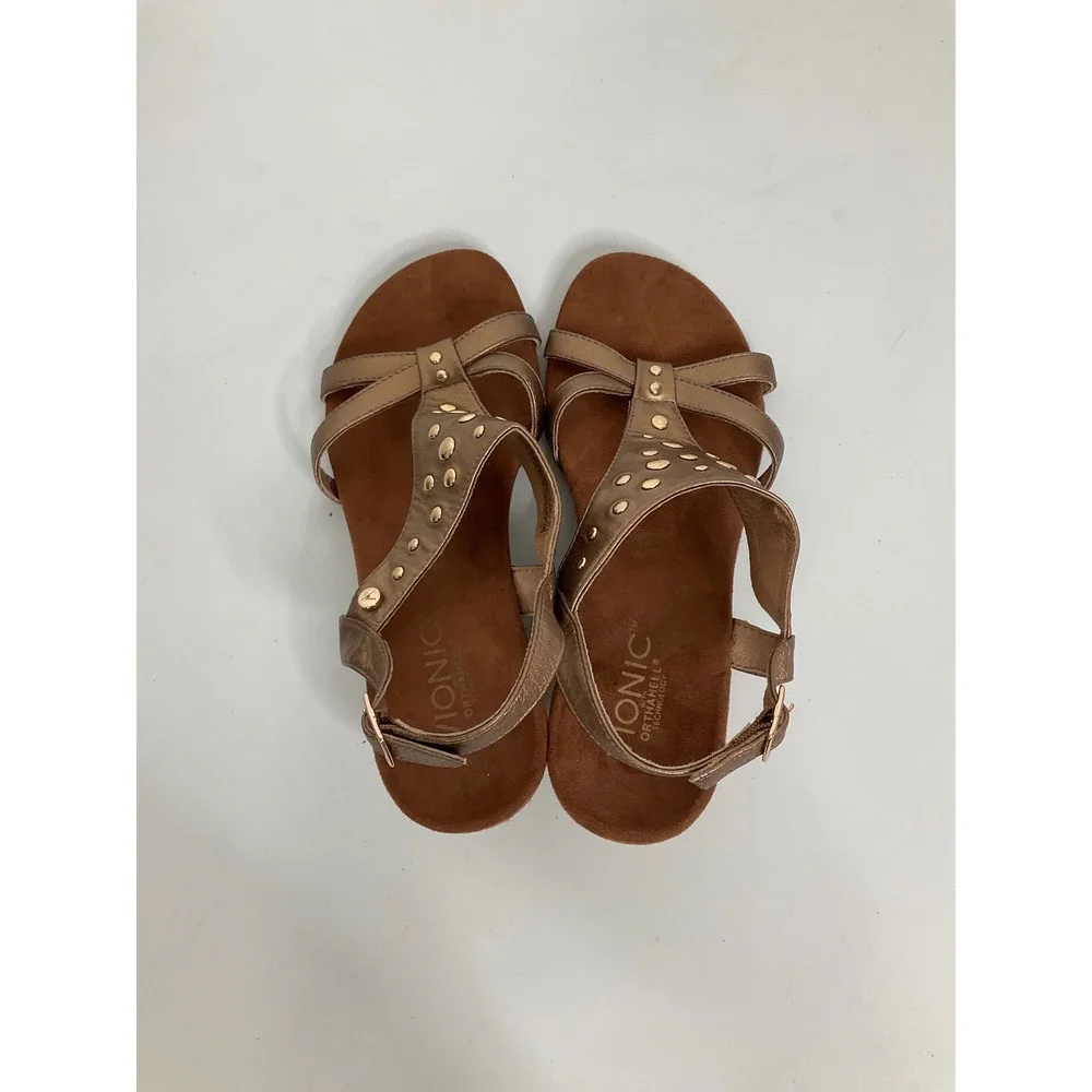Vionic Catarina Bronze Metallic Studded Wedge Sandals Orthaheel Womens 7 TVW4079
